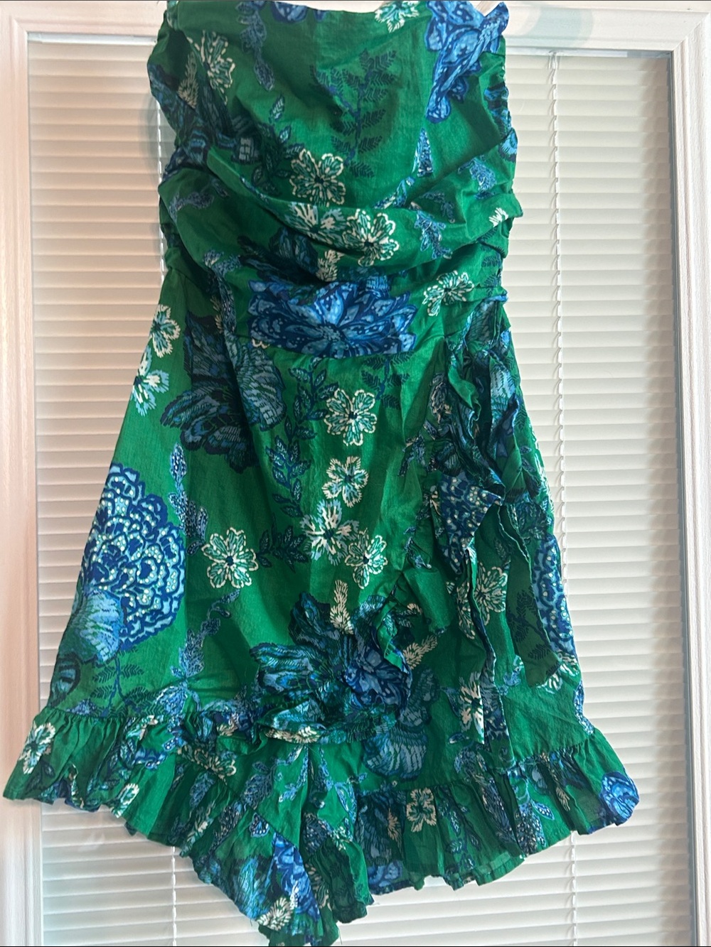 Olivaceous Green Floral Dress with Blue Print